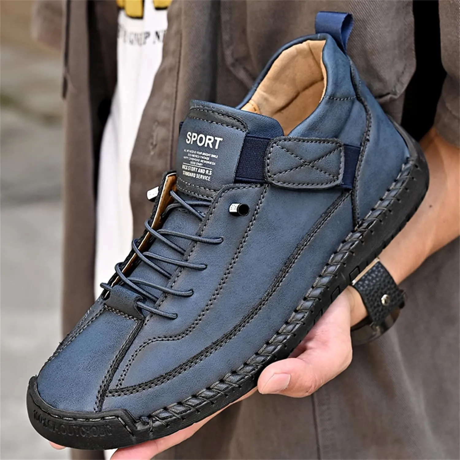 Men'S Hand Stitching Leather Chukka Ankle Boots with Adjustable Elastic Band Casual Slip-On Non-Slip Walking Loafers Retro High Top Flat Shoes