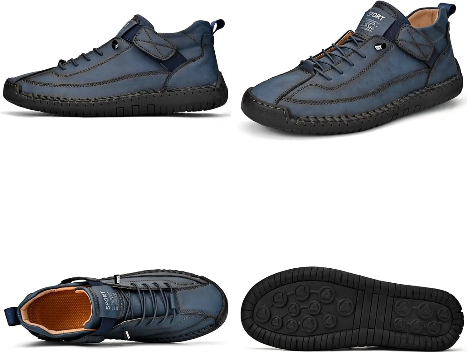 Men'S Hand Stitching Leather Chukka Ankle Boots with Adjustable Elastic Band Casual Slip-On Non-Slip Walking Loafers Retro High Top Flat Shoes