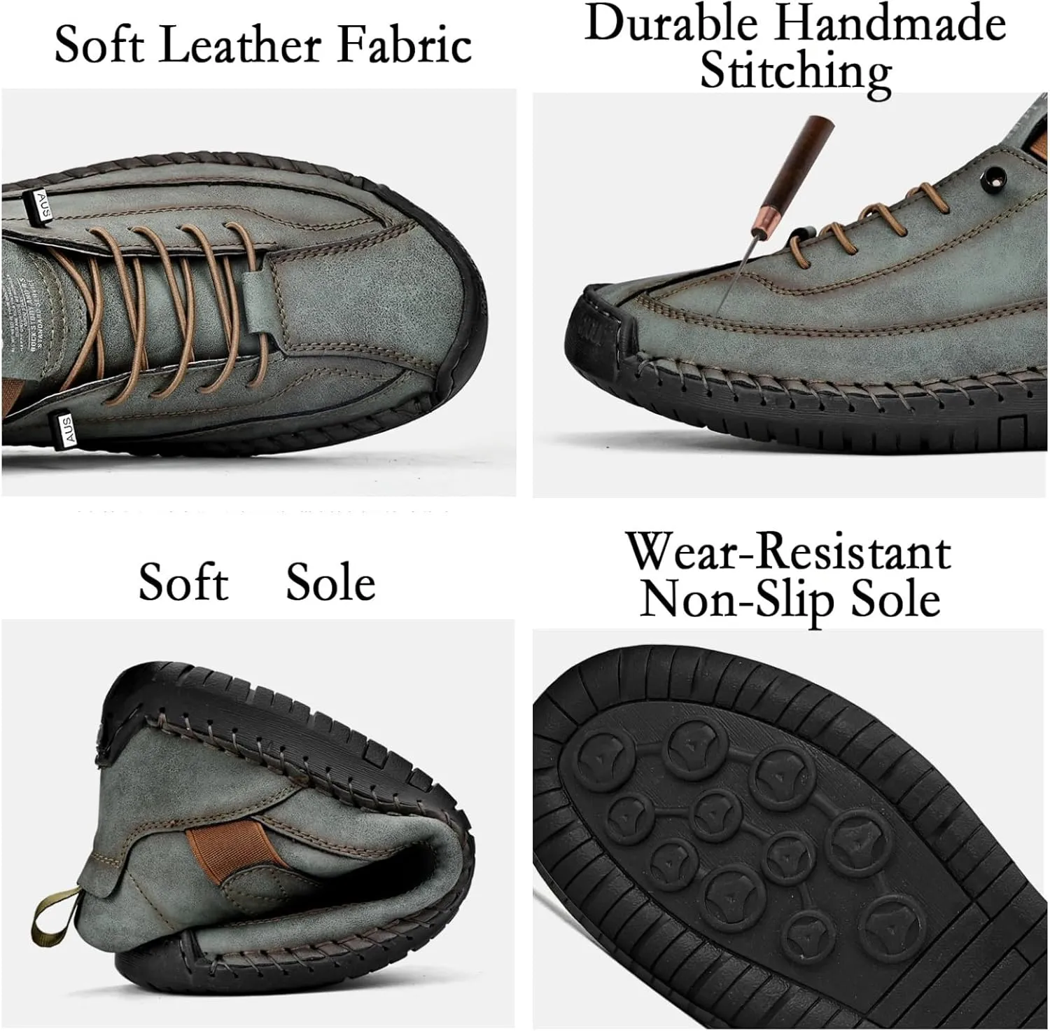 Men'S Hand Stitching Leather Chukka Ankle Boots with Adjustable Elastic Band Casual Slip-On Non-Slip Walking Loafers Retro High Top Flat Shoes