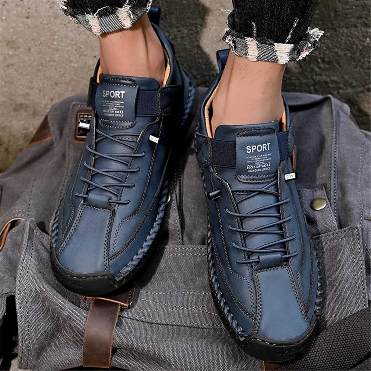 Men'S Hand Stitching Leather Chukka Ankle Boots with Adjustable Elastic Band Casual Slip-On Non-Slip Walking Loafers Retro High Top Flat Shoes