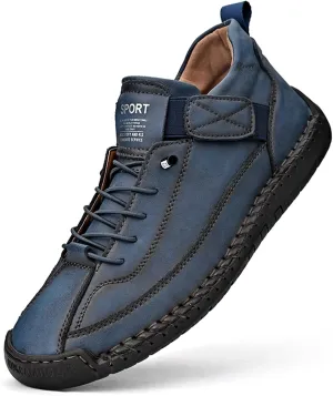 Men'S Hand Stitching Leather Chukka Ankle Boots with Adjustable Elastic Band Casual Slip-On Non-Slip Walking Loafers Retro High Top Flat Shoes