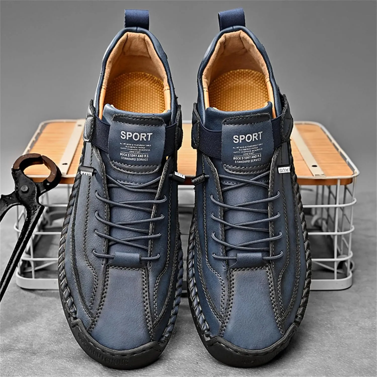 Men'S Hand Stitching Leather Chukka Ankle Boots with Adjustable Elastic Band Casual Slip-On Non-Slip Walking Loafers Retro High Top Flat Shoes