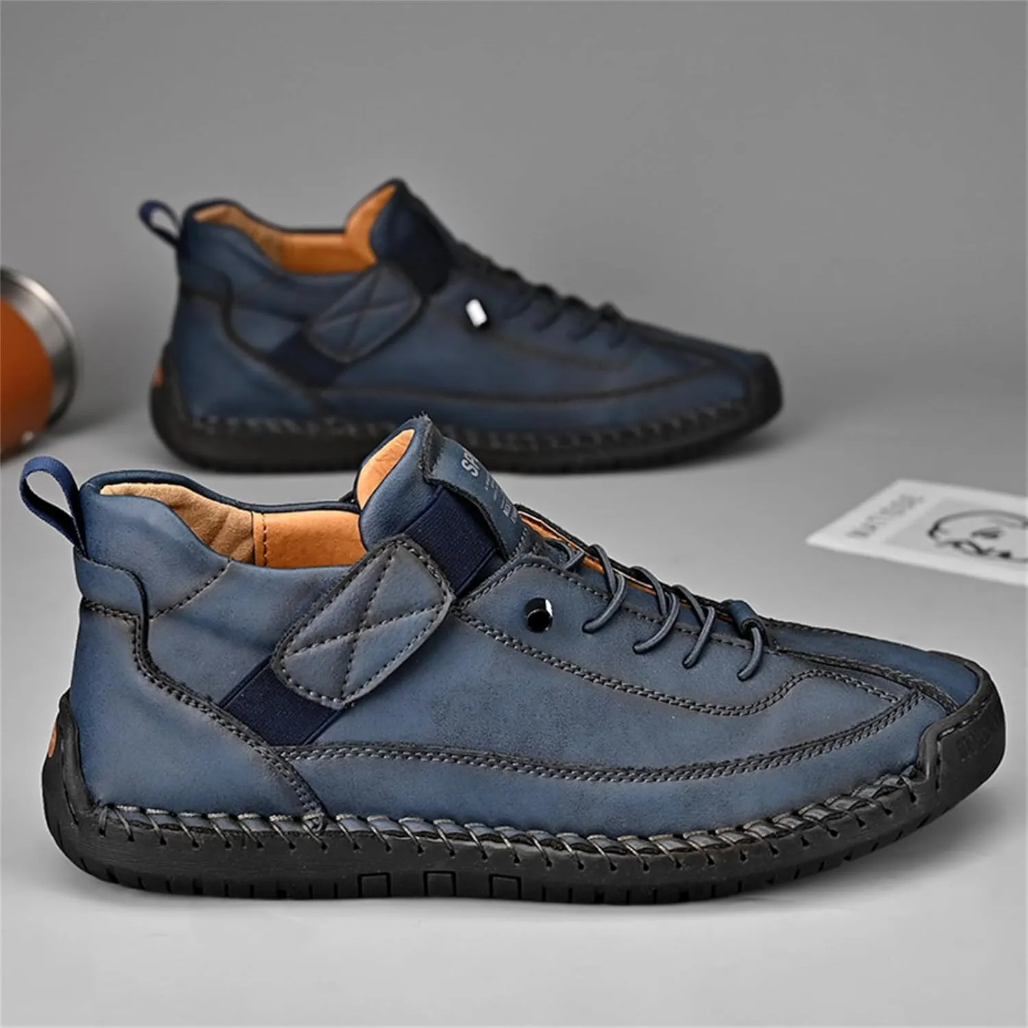 Men'S Hand Stitching Leather Chukka Ankle Boots with Adjustable Elastic Band Casual Slip-On Non-Slip Walking Loafers Retro High Top Flat Shoes