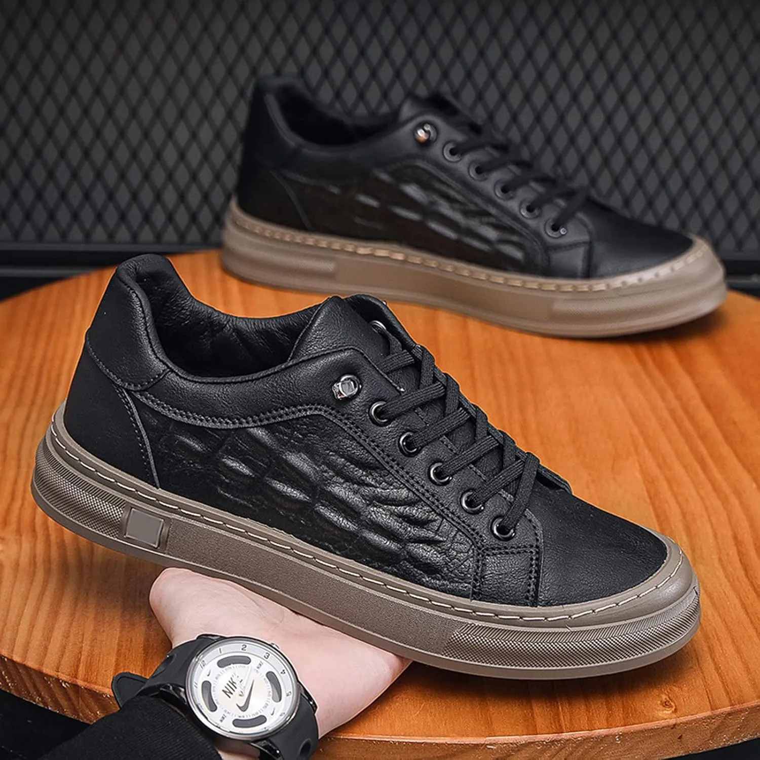Men's Lace-Up Height Increasing Crocodile Sneakers Fashion Formal Leather Shoes,Thick Sole Comfortable Breathable Non-Slip Business Oxford Walking Shoes