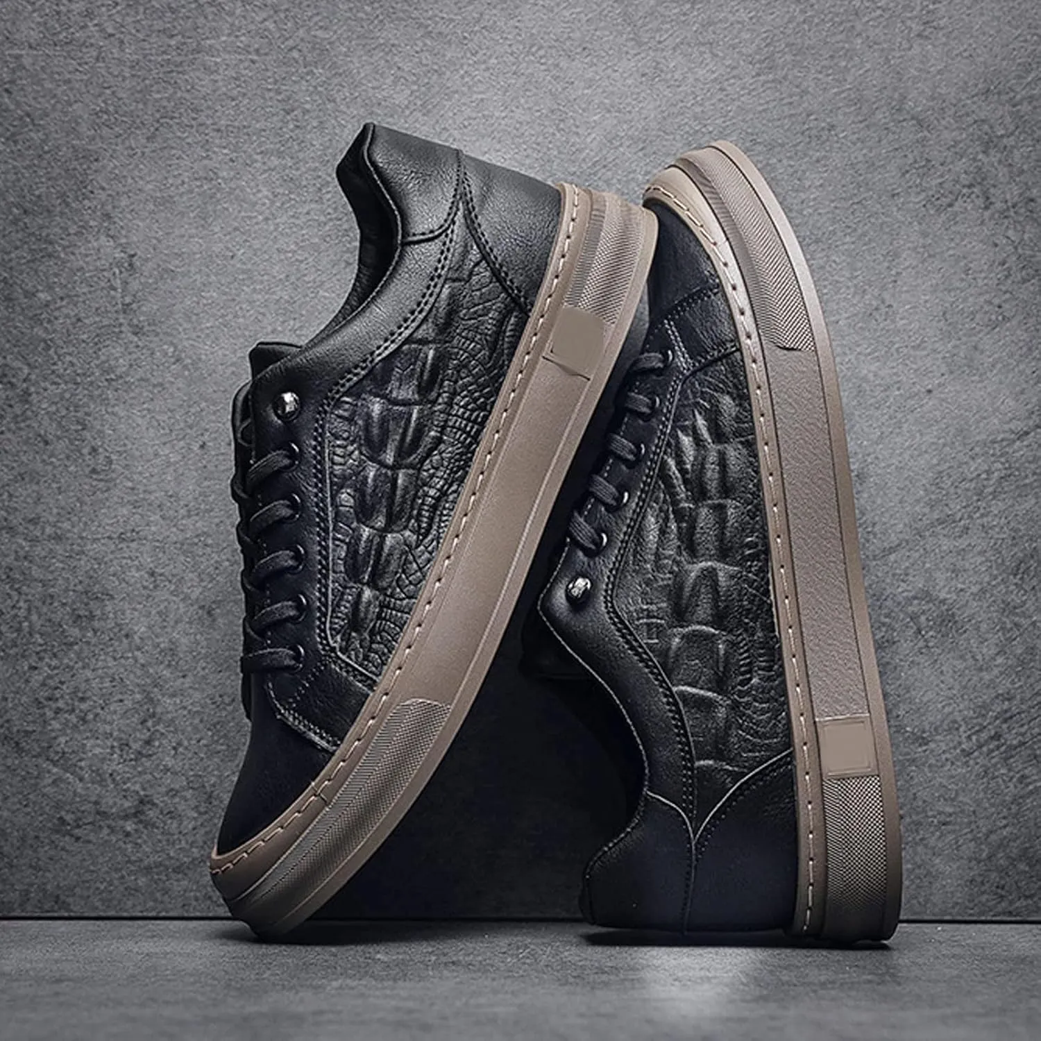 Men's Lace-Up Height Increasing Crocodile Sneakers Fashion Formal Leather Shoes,Thick Sole Comfortable Breathable Non-Slip Business Oxford Walking Shoes