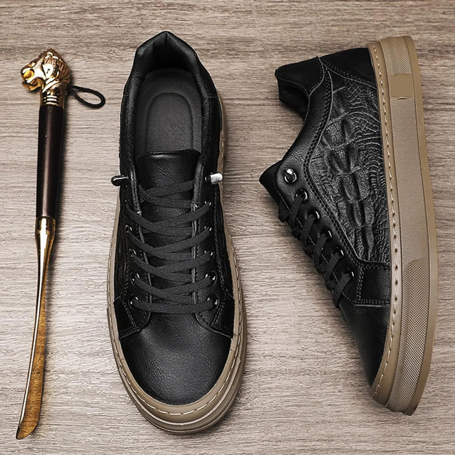Men's Lace-Up Height Increasing Crocodile Sneakers Fashion Formal Leather Shoes,Thick Sole Comfortable Breathable Non-Slip Business Oxford Walking Shoes