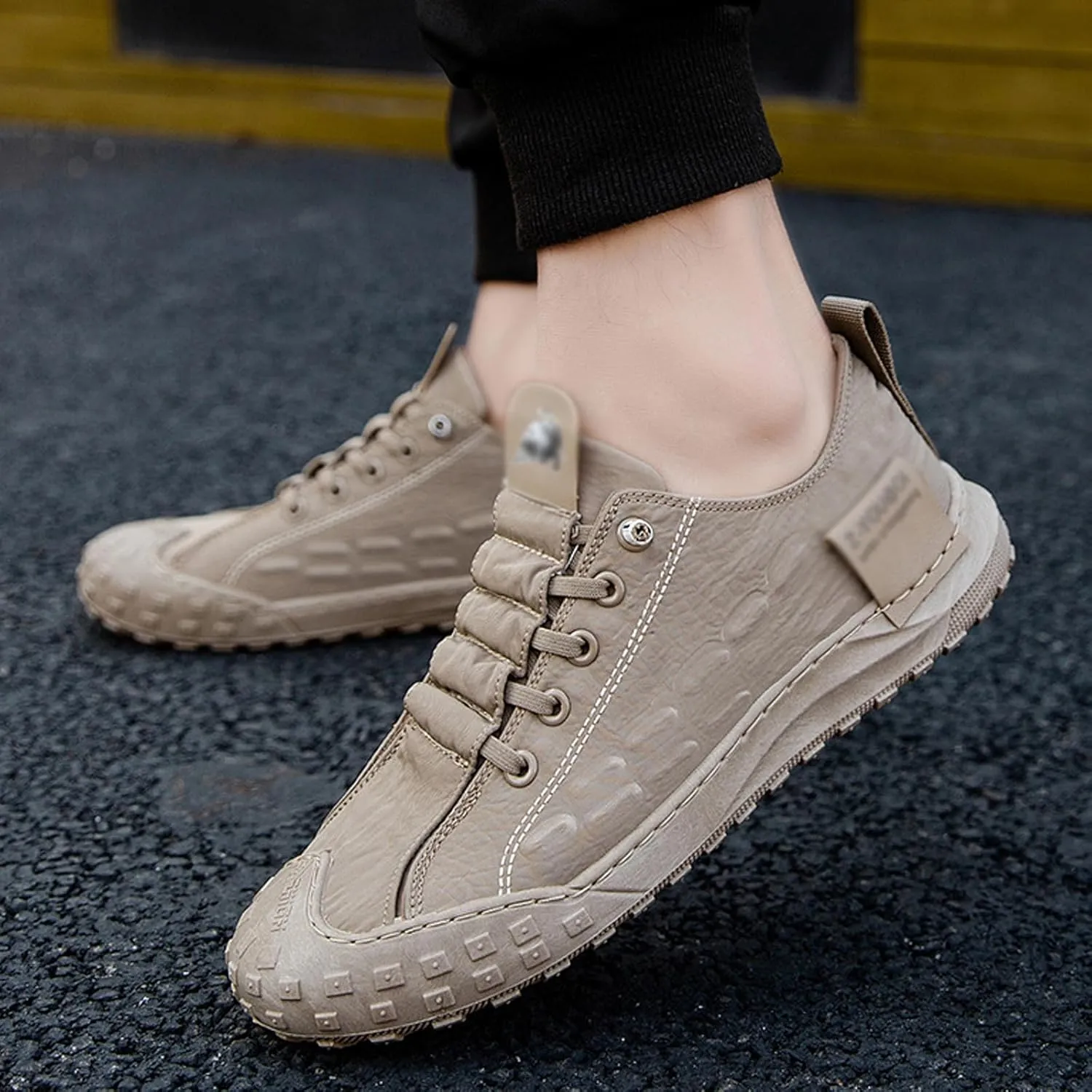 Men's Leather Breathable Slip-on Sneakers,Fashion Handmade Low Top Casual Shoes,Comfortable Soft Sole Non-Slip Canvas Shoes