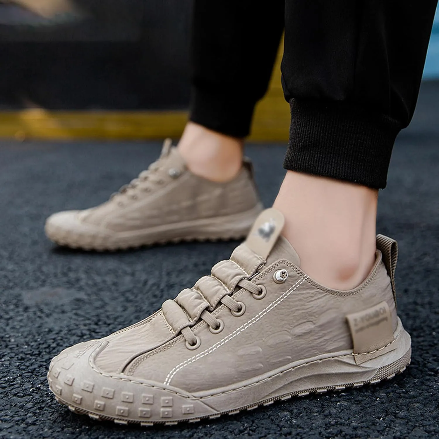 Men's Leather Breathable Slip-on Sneakers,Fashion Handmade Low Top Casual Shoes,Comfortable Soft Sole Non-Slip Canvas Shoes