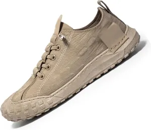 Men's Leather Breathable Slip-on Sneakers,Fashion Handmade Low Top Casual Shoes,Comfortable Soft Sole Non-Slip Canvas Shoes