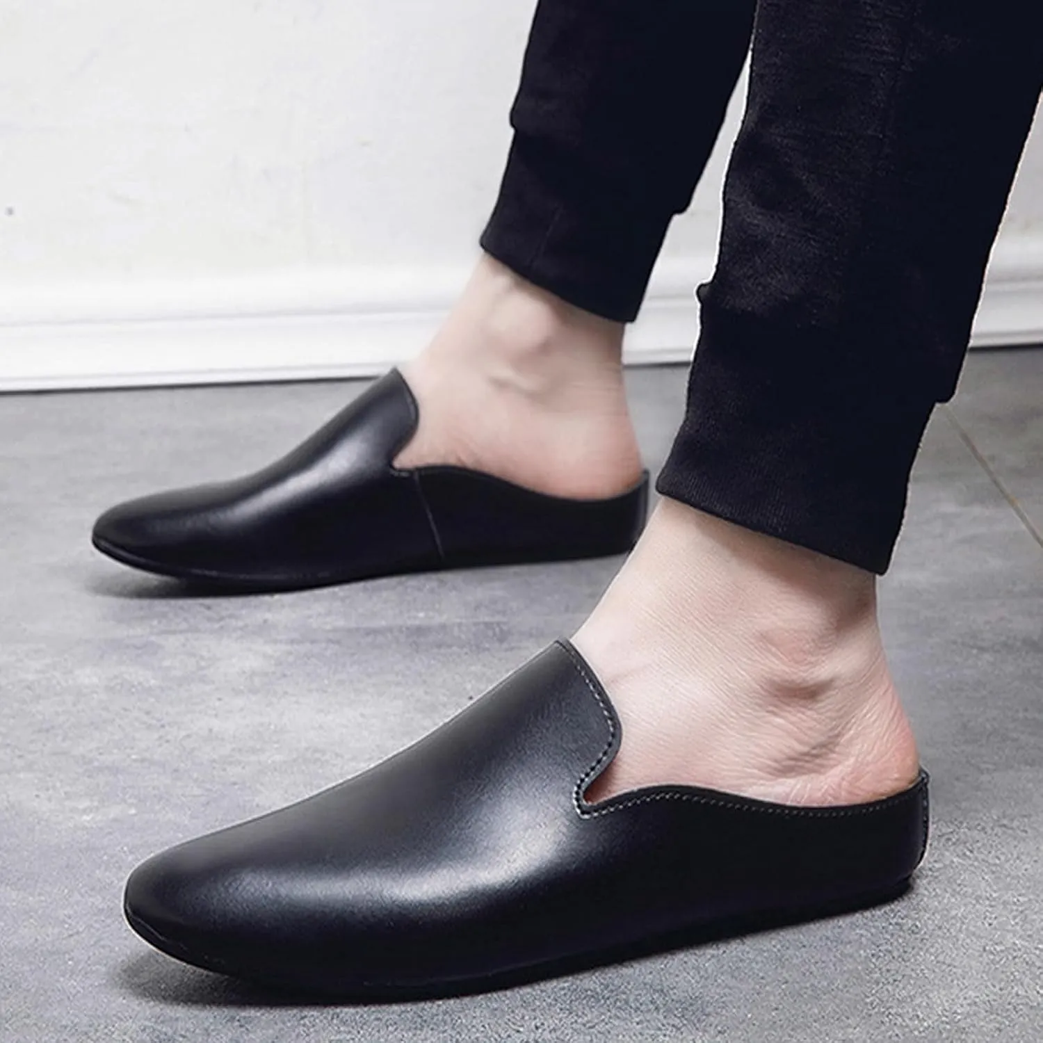 Men's Leather Open Back Flat Mules Vintage Round Toe Soft Sole Non-Slip Slip-On Formal Slippers Business Work Driving Walking Shoes