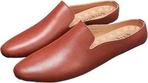 Men's Leather Open Back Flat Mules Vintage Round Toe Soft Sole Non-Slip Slip-On Formal Slippers Business Work Driving Walking Shoes