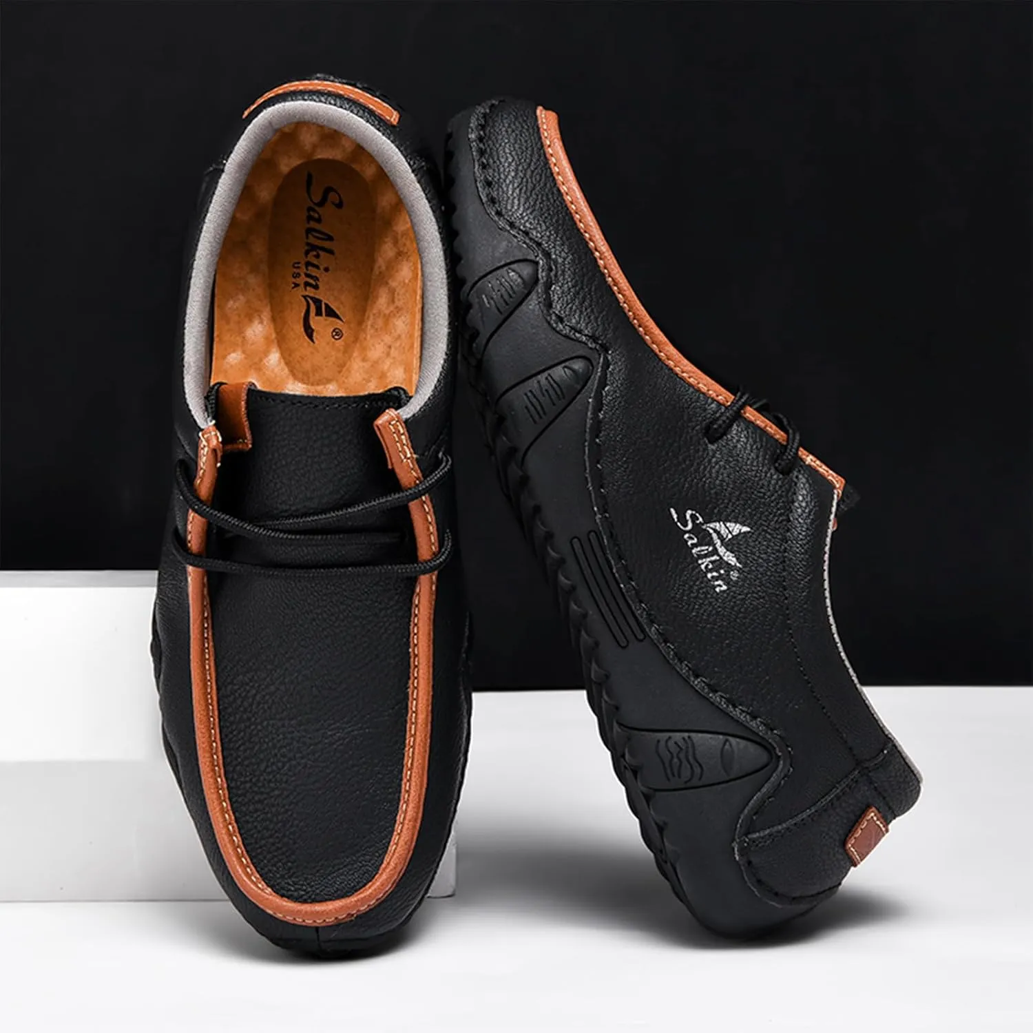 Men's Leather Slip On Casual Low Loafers Lightweight Non-Slip Flat Driving Walking Shoes Soft Moccasin Shoes