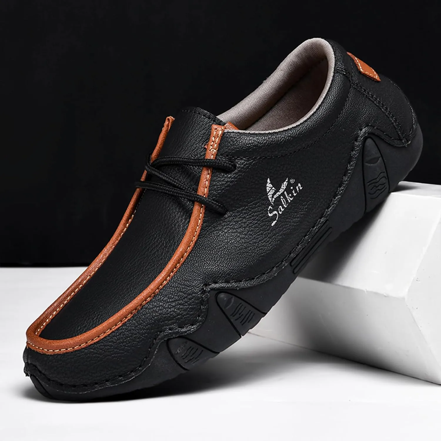 Men's Leather Slip On Casual Low Loafers Lightweight Non-Slip Flat Driving Walking Shoes Soft Moccasin Shoes