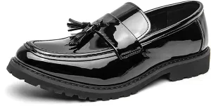 Men's Patent Leather Tassel Platform Loafers Business Casual Non-Slip Lug Sole Comfortable Block Heel Slip-On Dress Shoes for Work Office Wedding Penny Loafers