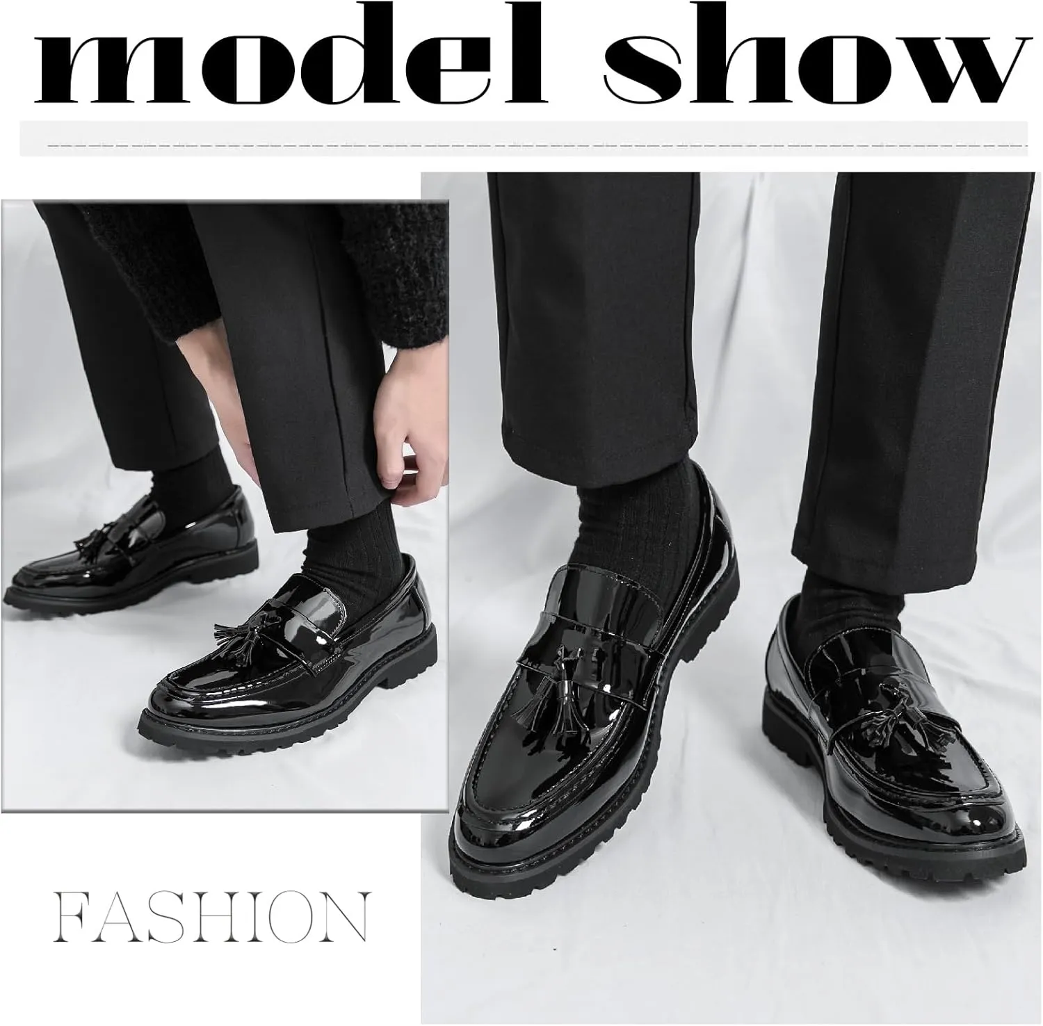 Men's Patent Leather Tassel Platform Loafers Business Casual Non-Slip Lug Sole Comfortable Block Heel Slip-On Dress Shoes for Work Office Wedding Penny Loafers