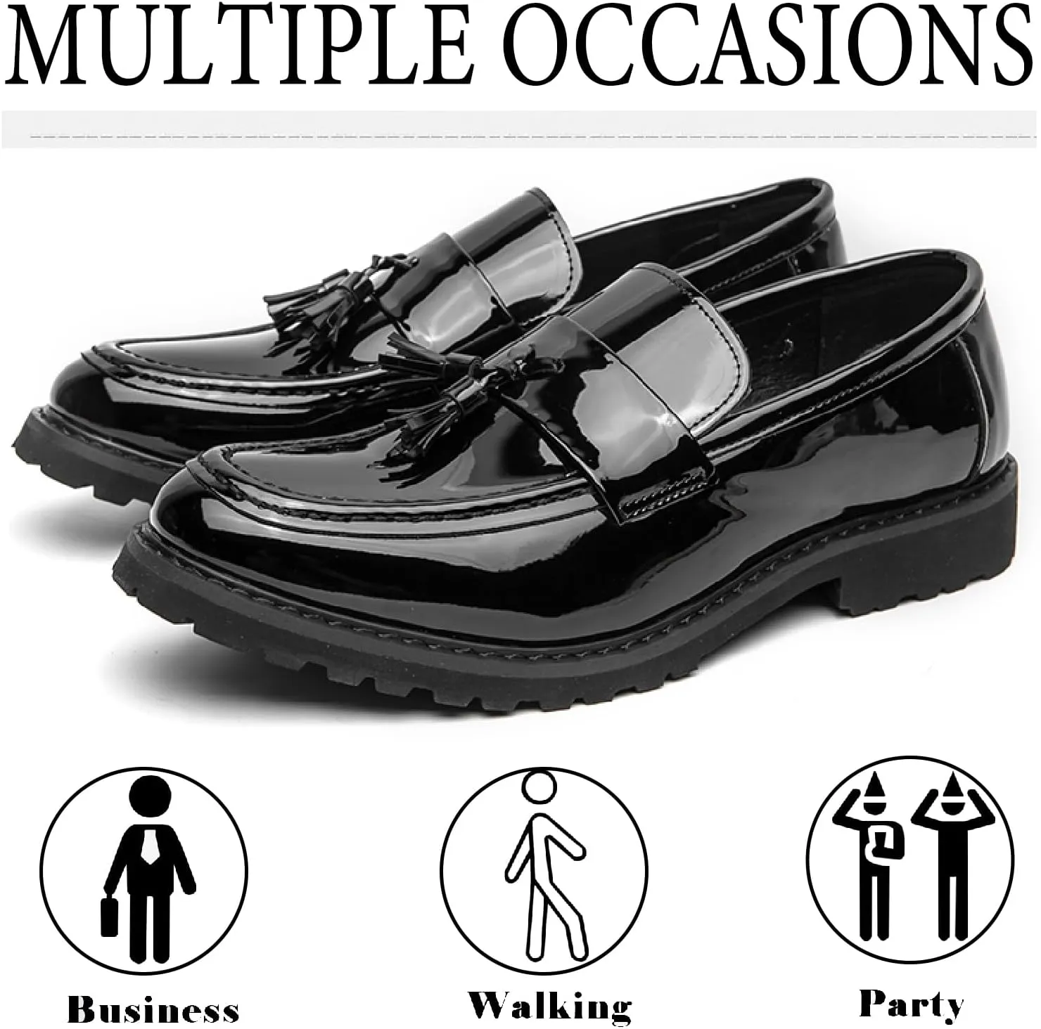 Men's Patent Leather Tassel Platform Loafers Business Casual Non-Slip Lug Sole Comfortable Block Heel Slip-On Dress Shoes for Work Office Wedding Penny Loafers