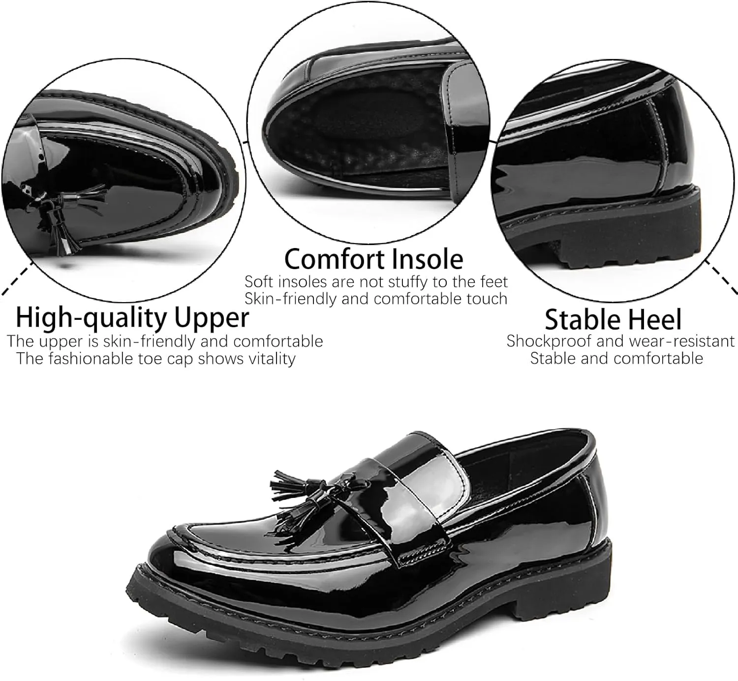 Men's Patent Leather Tassel Platform Loafers Business Casual Non-Slip Lug Sole Comfortable Block Heel Slip-On Dress Shoes for Work Office Wedding Penny Loafers