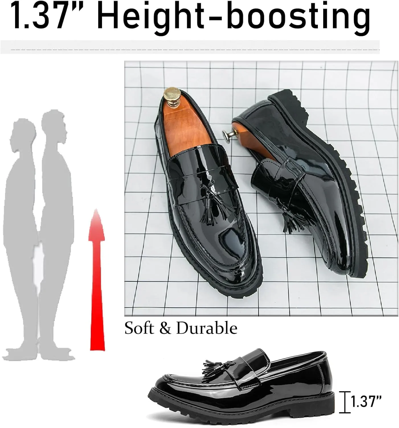 Men's Patent Leather Tassel Platform Loafers Business Casual Non-Slip Lug Sole Comfortable Block Heel Slip-On Dress Shoes for Work Office Wedding Penny Loafers
