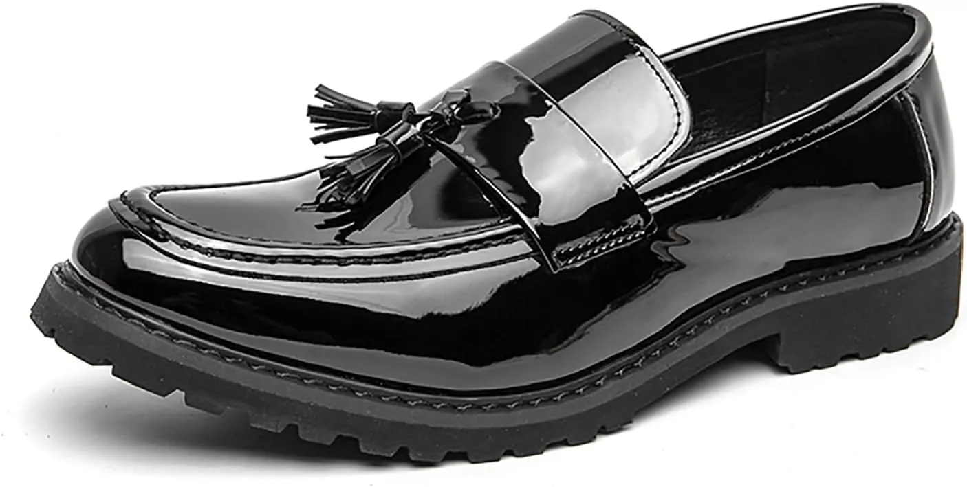 Men's Patent Leather Tassel Platform Loafers Business Casual Non-Slip Lug Sole Comfortable Block Heel Slip-On Dress Shoes for Work Office Wedding Penny Loafers