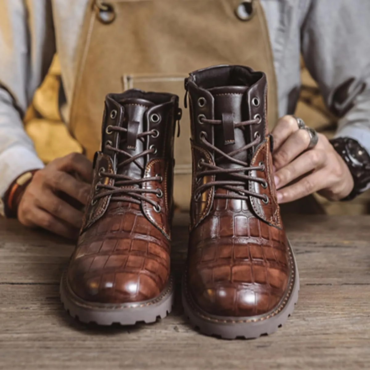 Men's Shoes Work Boot Shoe Laces Men Crocodile Embossed Leather Lace-Up Ankle High Black and Brown Dress Boots for Men