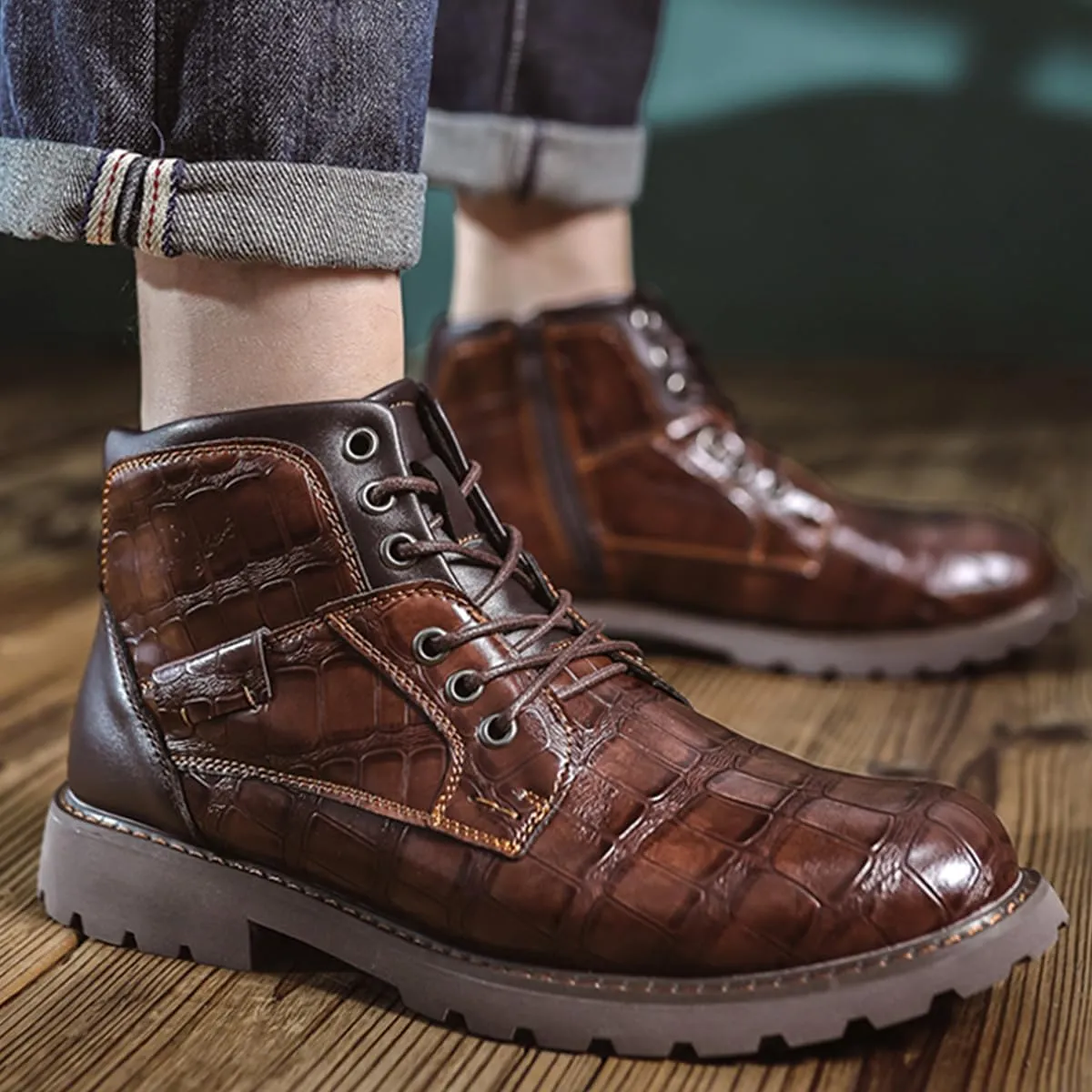Men's Shoes Work Boot Shoe Laces Men Crocodile Embossed Leather Lace-Up Ankle High Black and Brown Dress Boots for Men