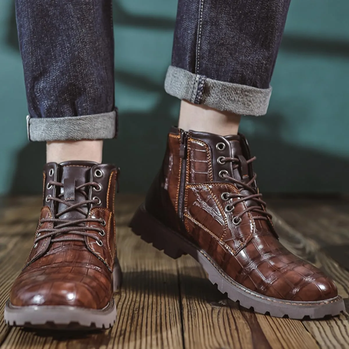 Men's Shoes Work Boot Shoe Laces Men Crocodile Embossed Leather Lace-Up Ankle High Black and Brown Dress Boots for Men