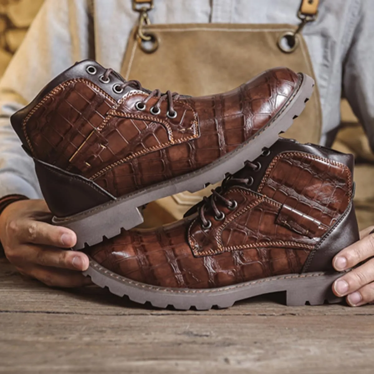 Men's Shoes Work Boot Shoe Laces Men Crocodile Embossed Leather Lace-Up Ankle High Black and Brown Dress Boots for Men