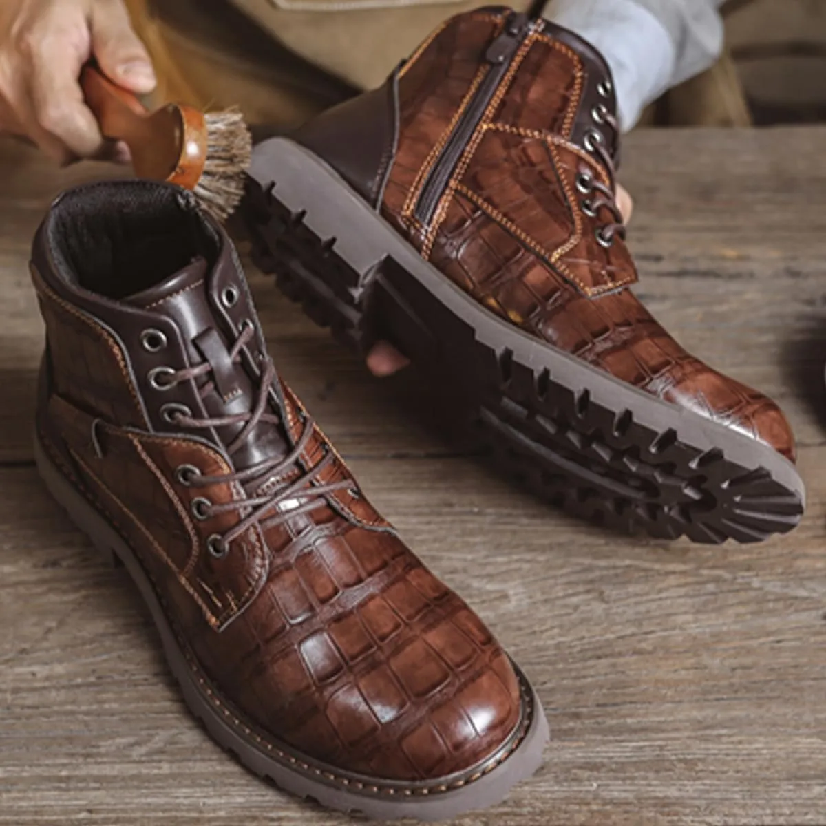 Men's Shoes Work Boot Shoe Laces Men Crocodile Embossed Leather Lace-Up Ankle High Black and Brown Dress Boots for Men