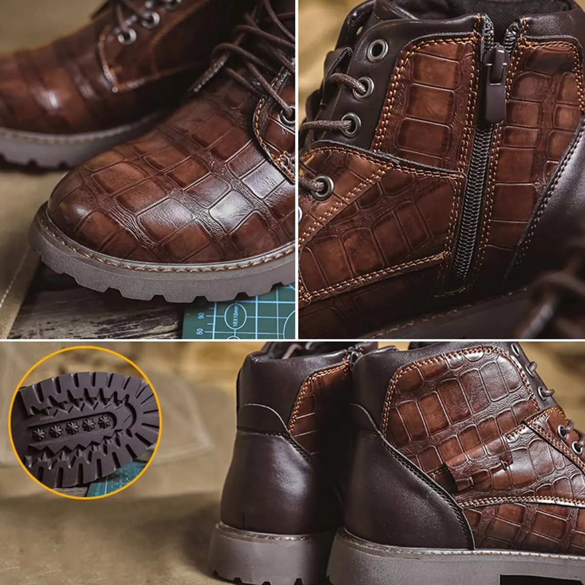 Men's Shoes Work Boot Shoe Laces Men Crocodile Embossed Leather Lace-Up Ankle High Black and Brown Dress Boots for Men