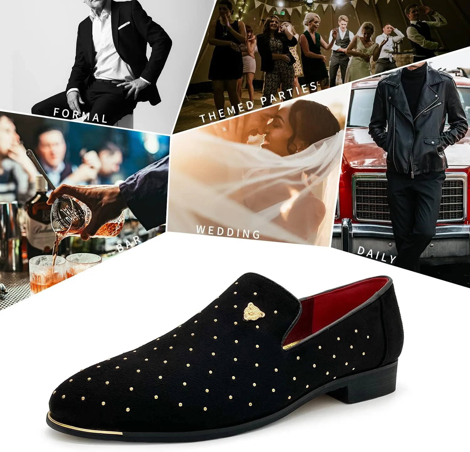 MHB Men's Luxury Velvet Loafers Pointed-Toe Slip-on Suede Dress Shoes for Men Rivet Smoking Slipper Fashion Lightweight