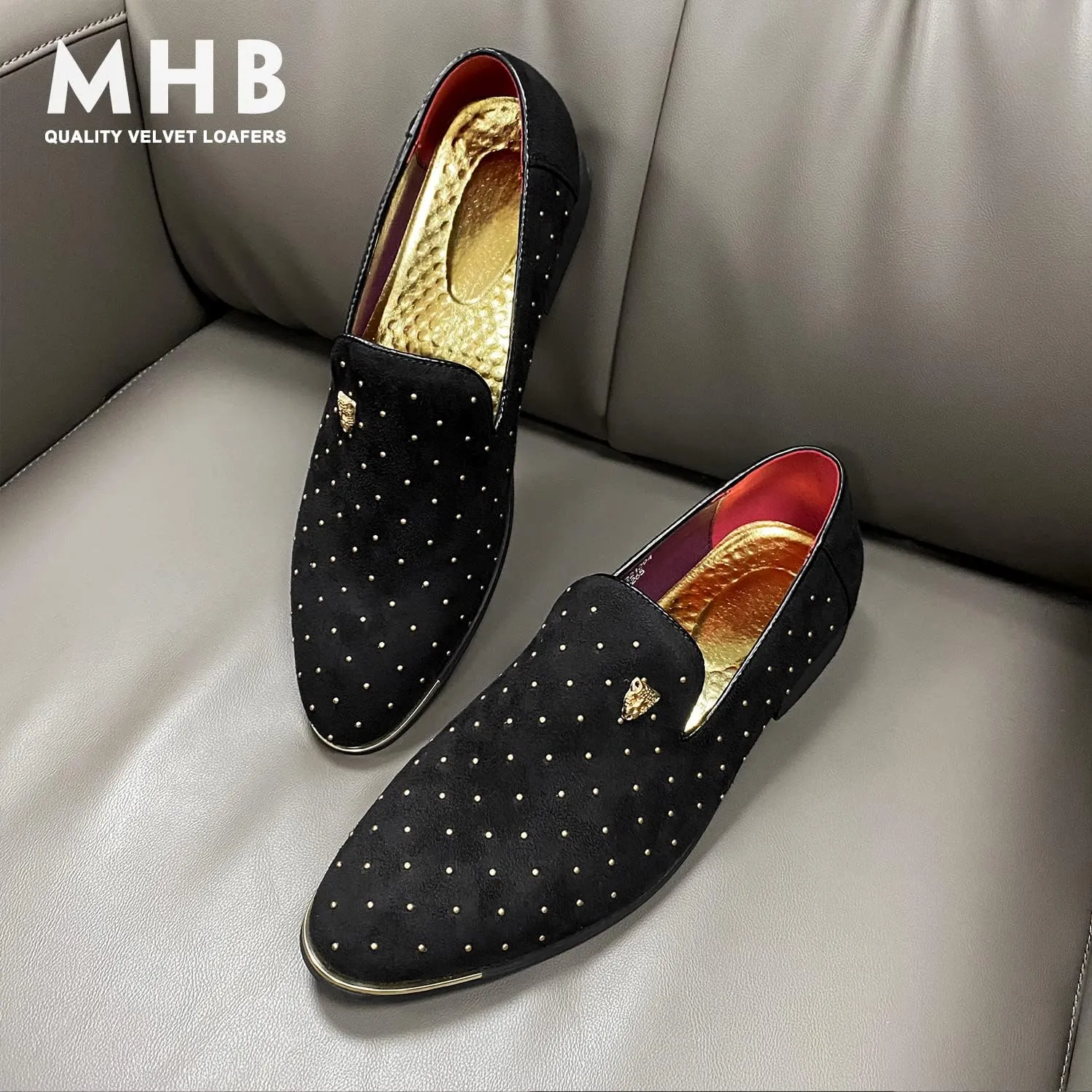 MHB Men's Luxury Velvet Loafers Pointed-Toe Slip-on Suede Dress Shoes for Men Rivet Smoking Slipper Fashion Lightweight