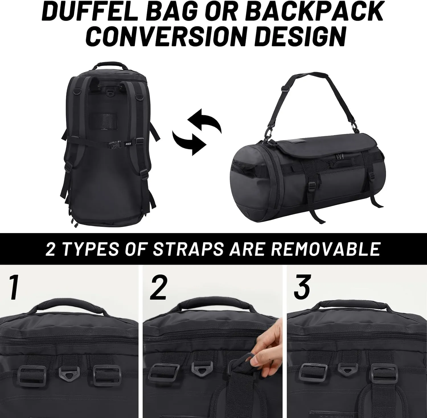 MIER Large Duffel Backpack Sports Gym Bag with Shoe Compartment, Heavy Duty and Water Resistant, Black, 60L