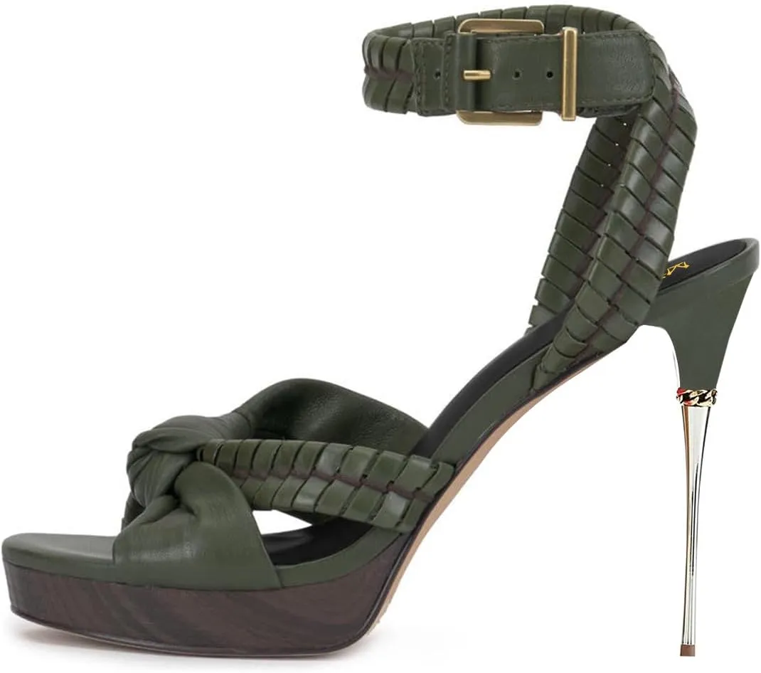 miss left Women Chic Super High Heel Braided Platform Sandals Open Toe with Knot Ankle Strap Buckle Elegant Prom Party Shoes Size 4-16 US