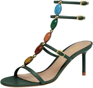 miss left Women Sexy Beaded T-Strap Buckled Stiletto Sandals Open Toe Thin Mid Heel Jewelled Evening Dress Party Shoes Size 4-16 US