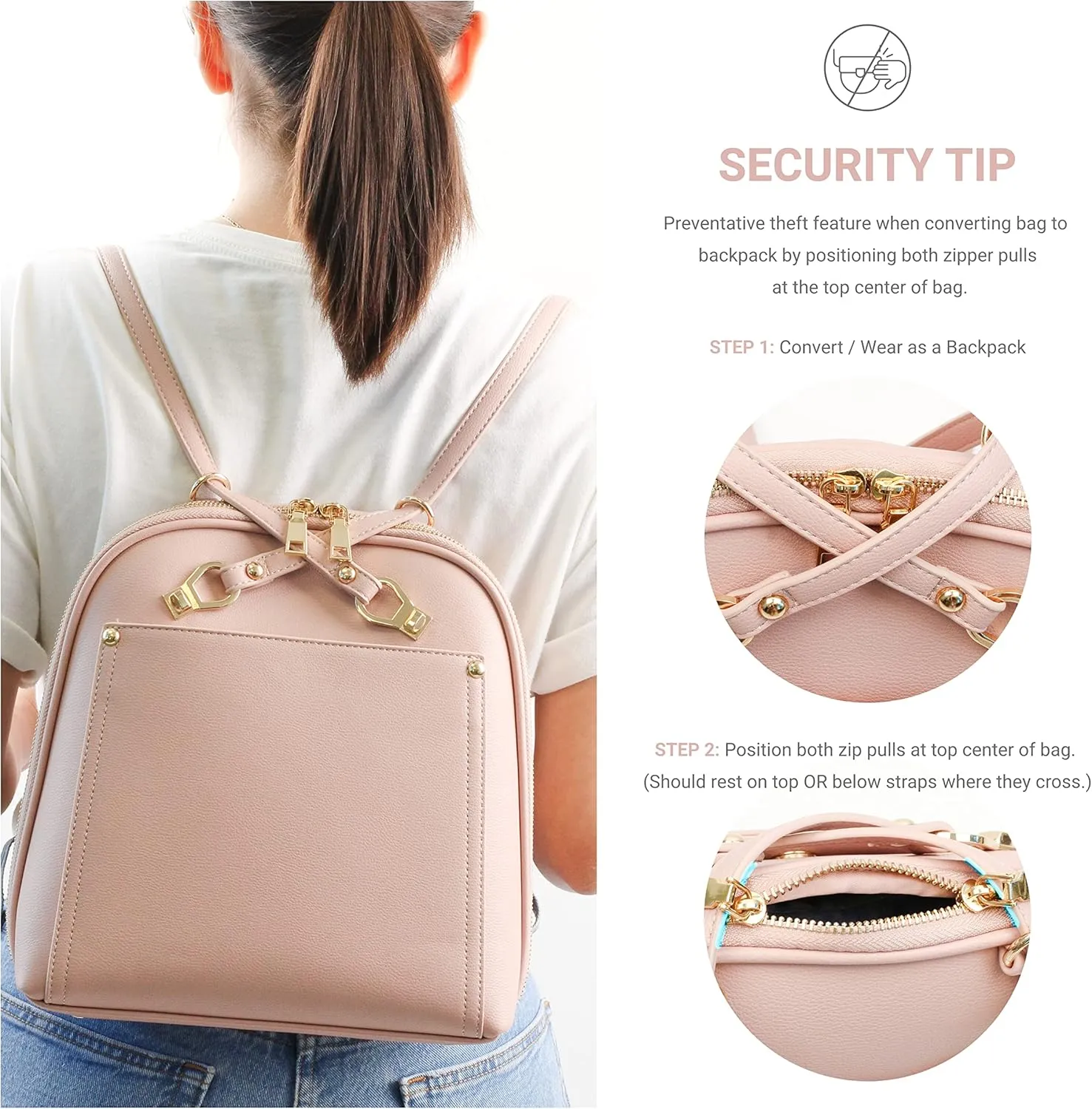 Miztique The Daisy Convertible Backpack Purse for Women (Blush) | Soft Vegan Leather Shoulder Strap Bag or Convertible Backpack | 10.5in x 4in x 11.5in |