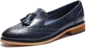 Mona flying Women's Leather Tassel Loafer Slip on Wingtip Brogue Dress Casual Flat Office Work Shoes for Ladies