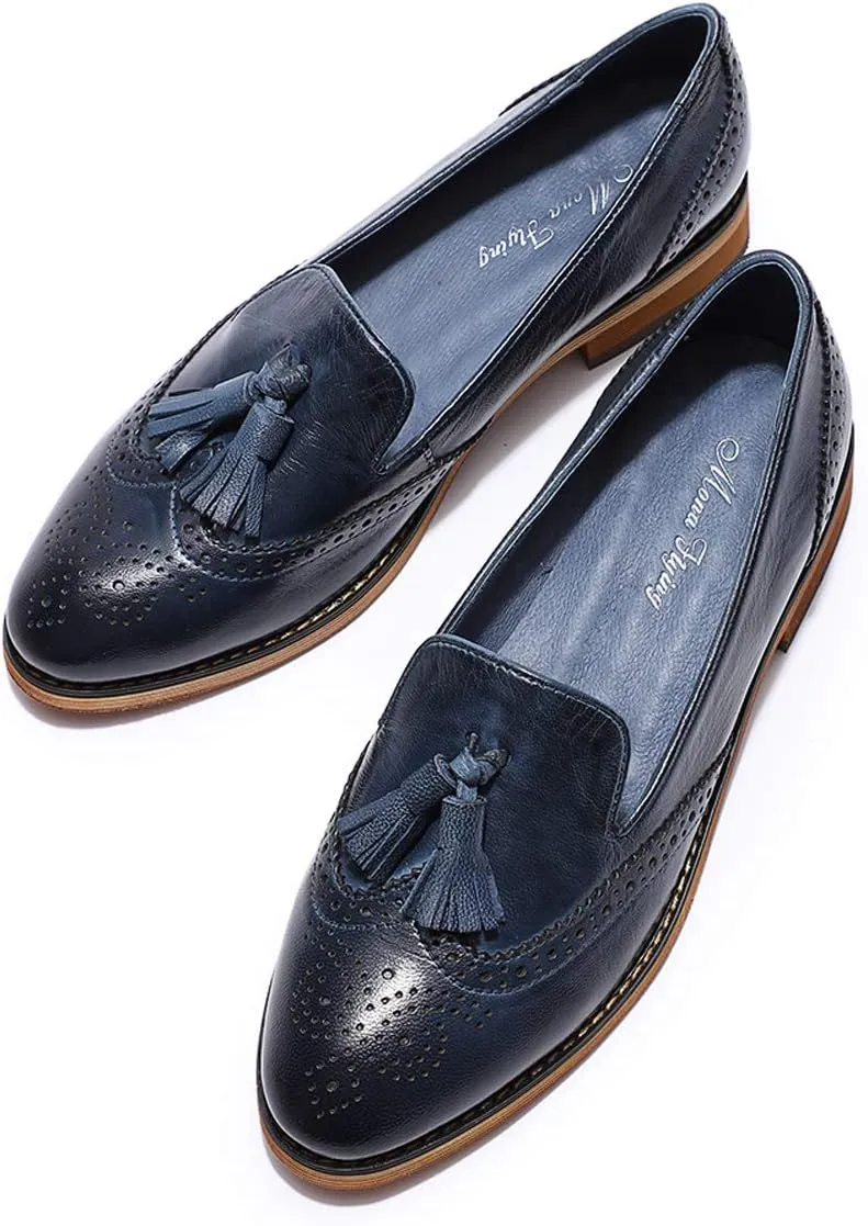 Mona flying Women's Leather Tassel Loafer Slip on Wingtip Brogue Dress Casual Flat Office Work Shoes for Ladies