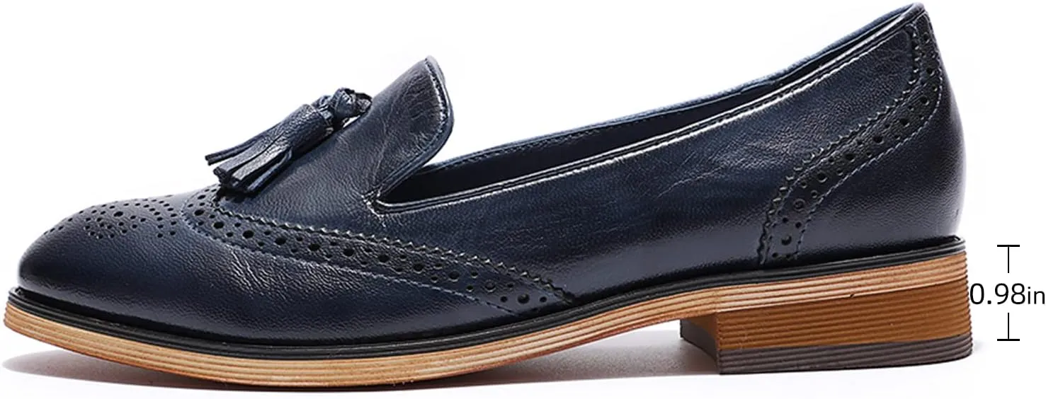 Mona flying Women's Leather Tassel Loafer Slip on Wingtip Brogue Dress Casual Flat Office Work Shoes for Ladies