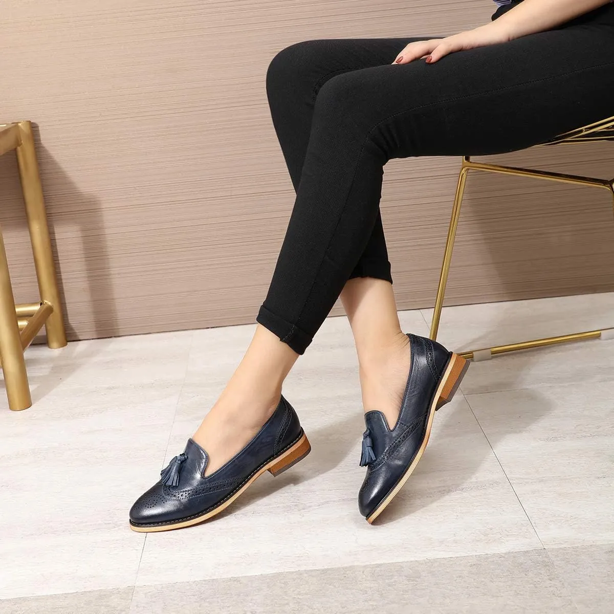 Mona flying Women's Leather Tassel Loafer Slip on Wingtip Brogue Dress Casual Flat Office Work Shoes for Ladies