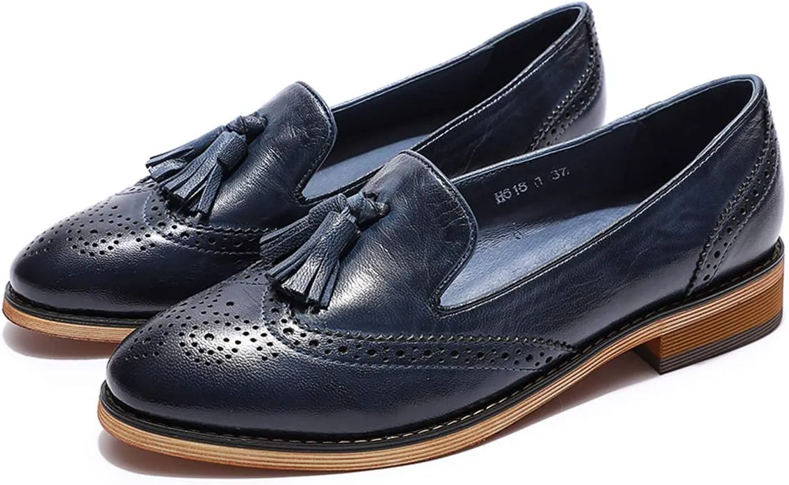 Mona flying Women's Leather Tassel Loafer Slip on Wingtip Brogue Dress Casual Flat Office Work Shoes for Ladies