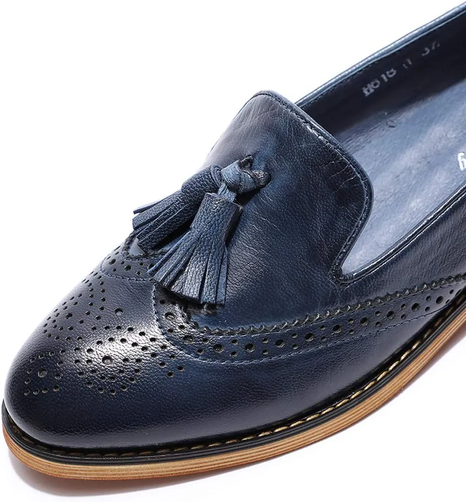 Mona flying Women's Leather Tassel Loafer Slip on Wingtip Brogue Dress Casual Flat Office Work Shoes for Ladies
