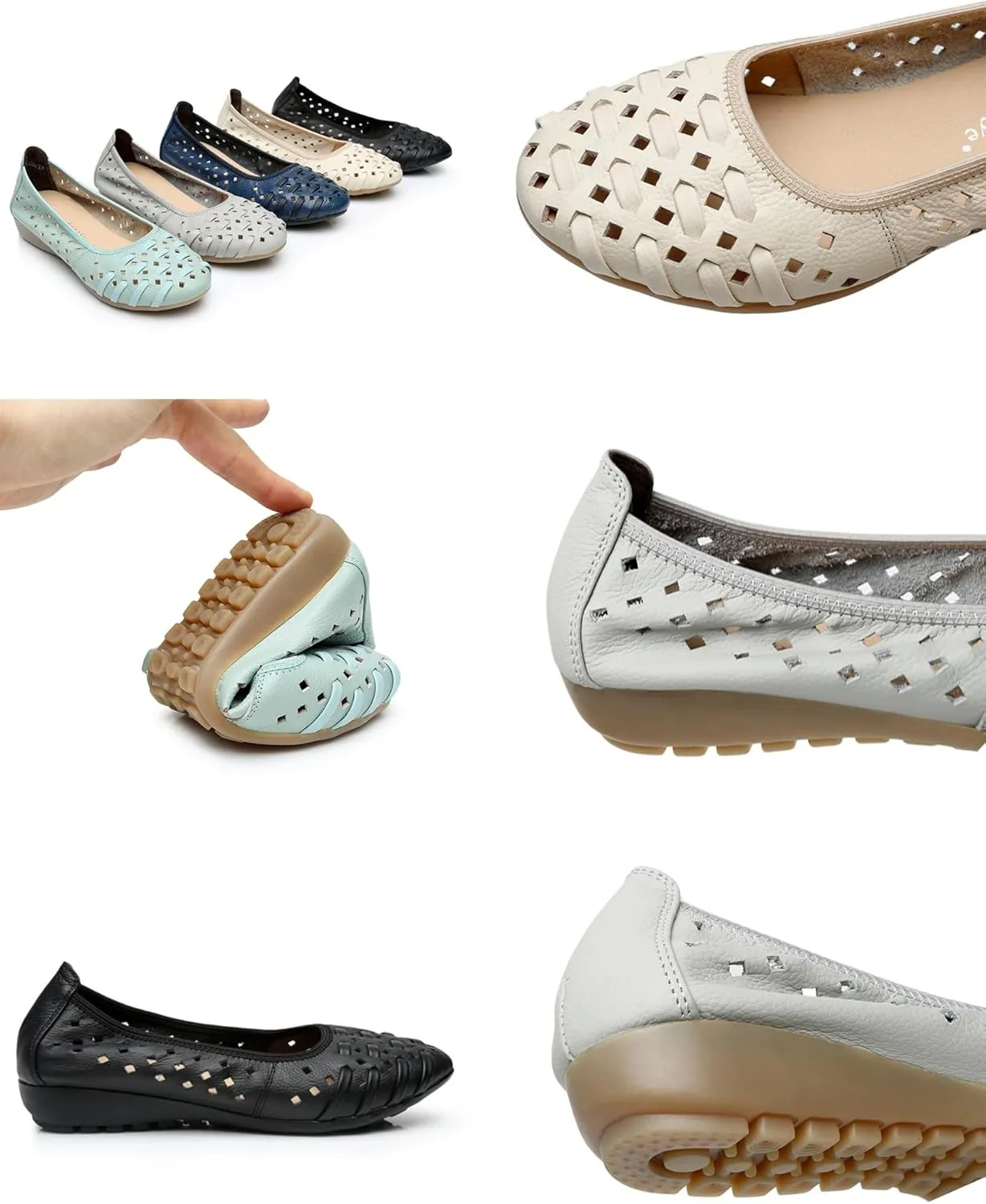 MOYOWEI Women's Summer Comfort Woven Leather Flats,Pointed Closed Toe Hollow Non-slip Soft Sole Slip-on Walking Casual Shoes