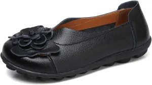 NEKGNL Women's Genuine Leather Flowers Loafers Comfortable Round Toe Soft Bottom Slip On Driving Flats Lightweight Non-Slip Mom Nurse Walking Shoes