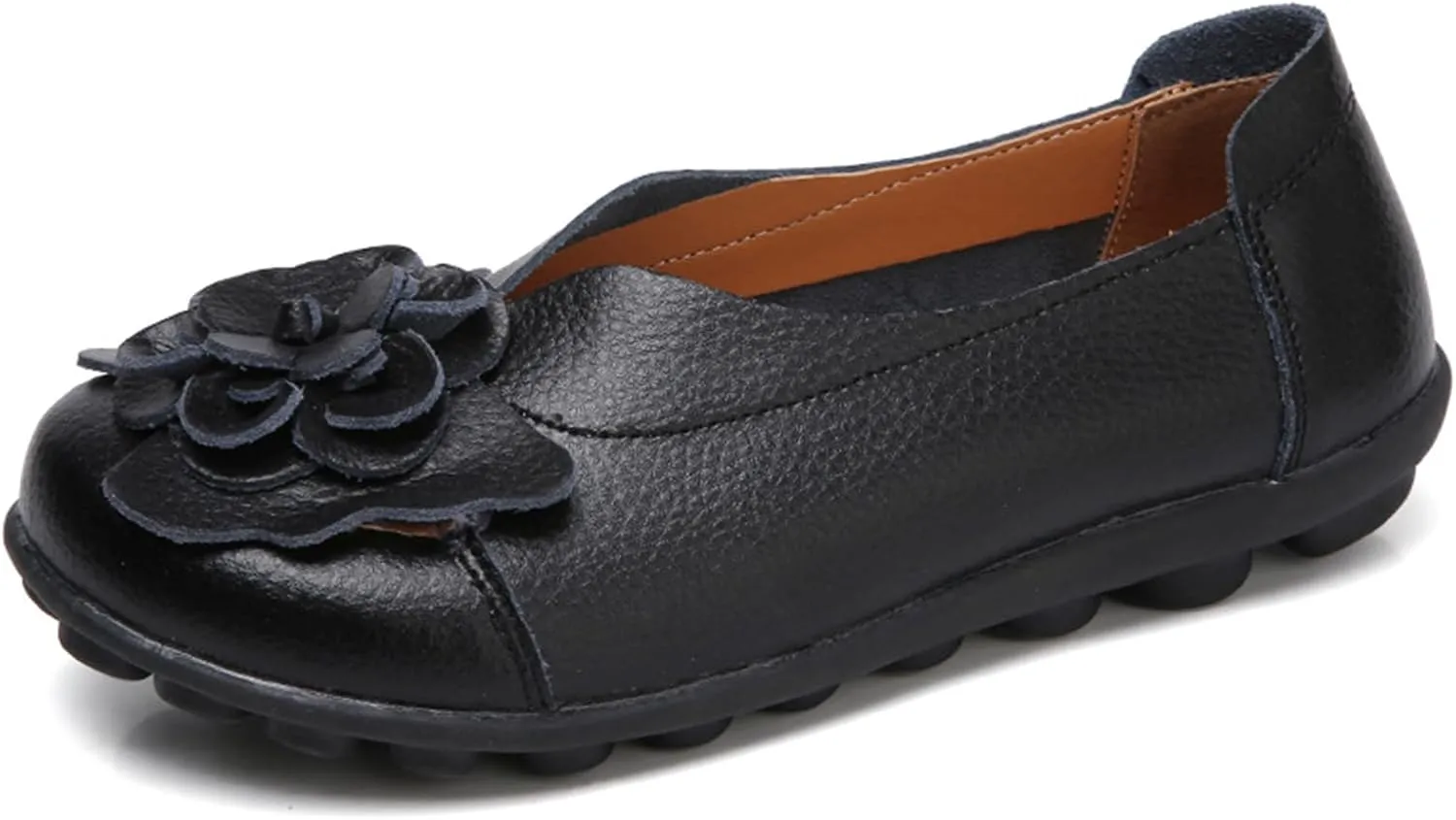 NEKGNL Women's Genuine Leather Flowers Loafers Comfortable Round Toe Soft Bottom Slip On Driving Flats Lightweight Non-Slip Mom Nurse Walking Shoes