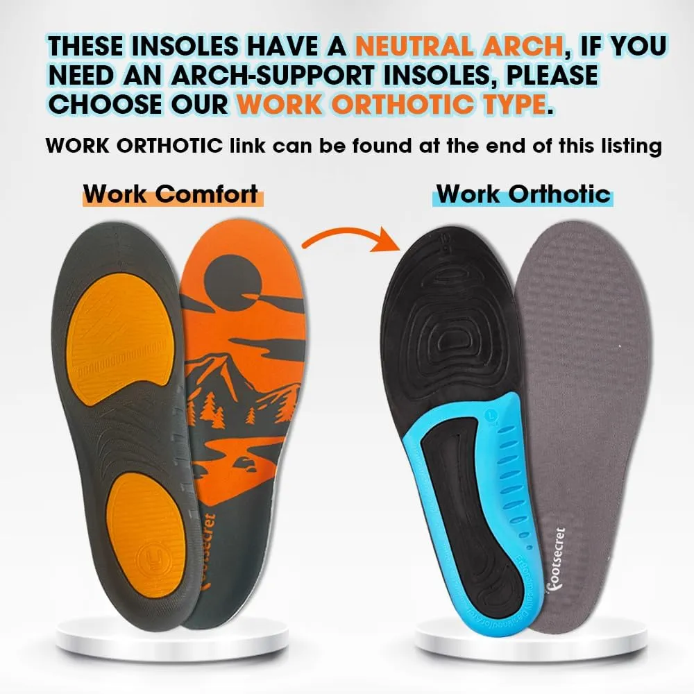 (New) FOOTSECRET Work Boot Comfort Insoles, Extra Shock Absorption and Anti Fatigue for Long time Standing or Walking, Neutarl Arch (W: Women Size, Orange)