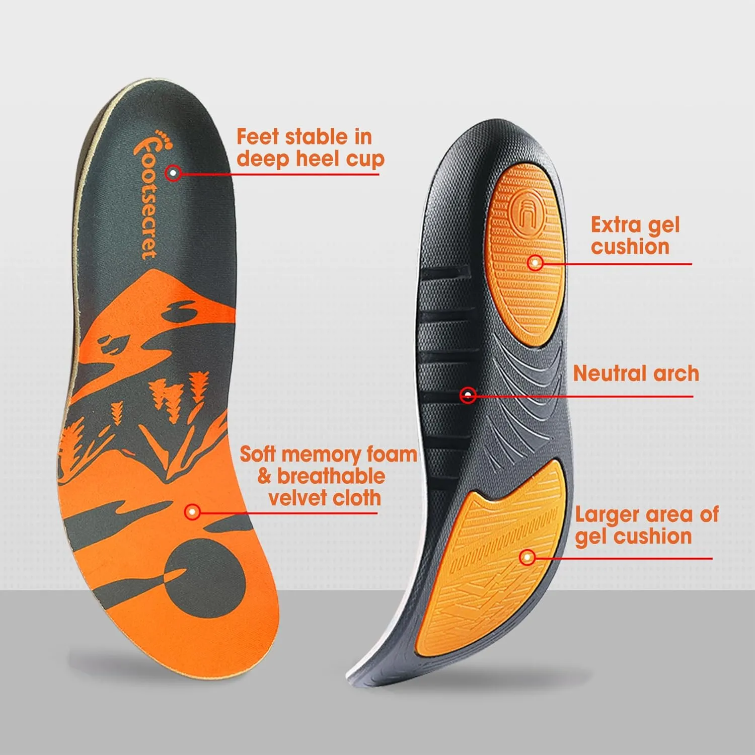 (New) FOOTSECRET Work Boot Comfort Insoles, Extra Shock Absorption and Anti Fatigue for Long time Standing or Walking, Neutarl Arch (W: Women Size, Orange)