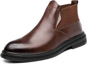 New Men's Chelsea Ankle Boots Carved Brogue Burnished Toe Elastic Bandage Vegan Leather Slip On Non Wearable Waterproof Classic Slip On
