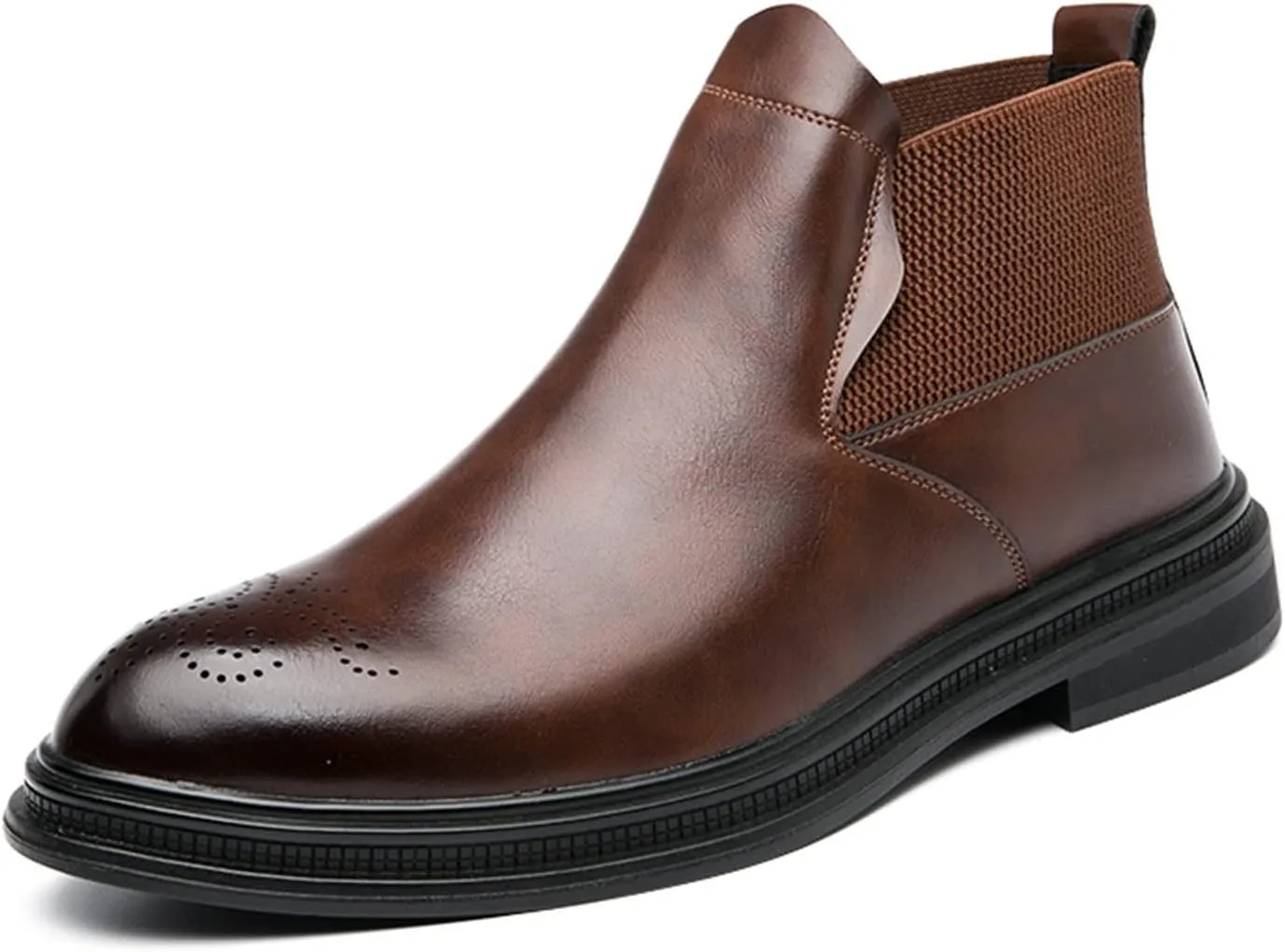 New Men's Chelsea Ankle Boots Carved Brogue Burnished Toe Elastic Bandage Vegan Leather Slip On Non Wearable Waterproof Classic Slip On