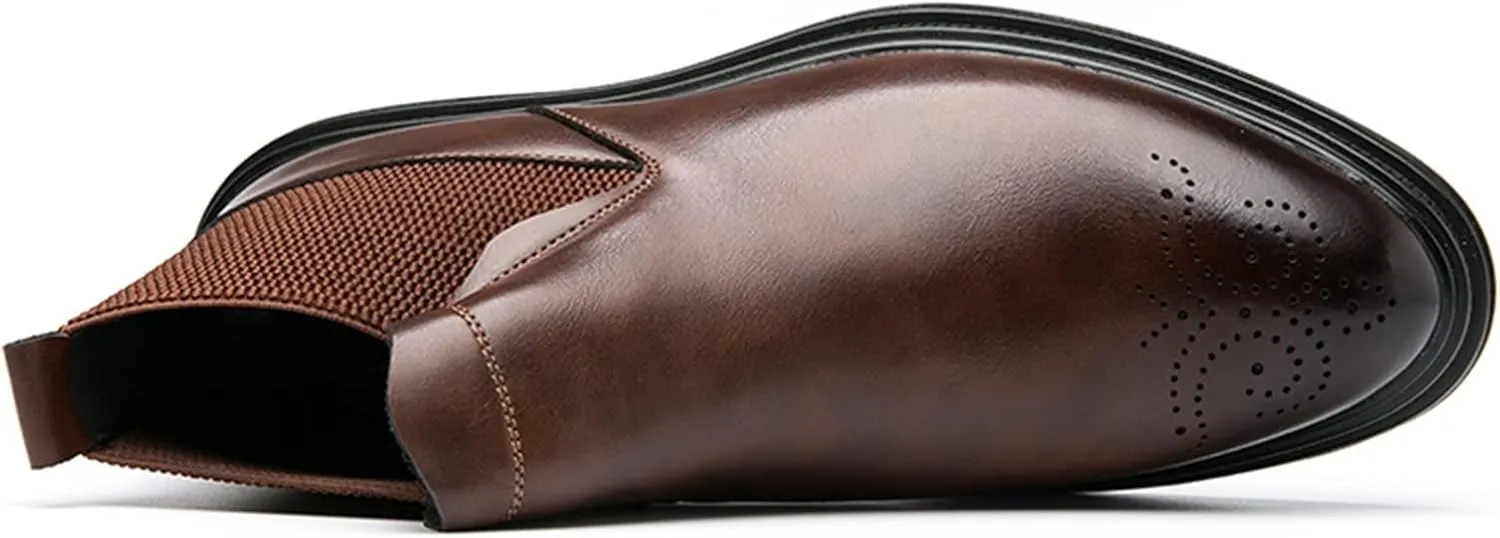 New Men's Chelsea Ankle Boots Carved Brogue Burnished Toe Elastic Bandage Vegan Leather Slip On Non Wearable Waterproof Classic Slip On