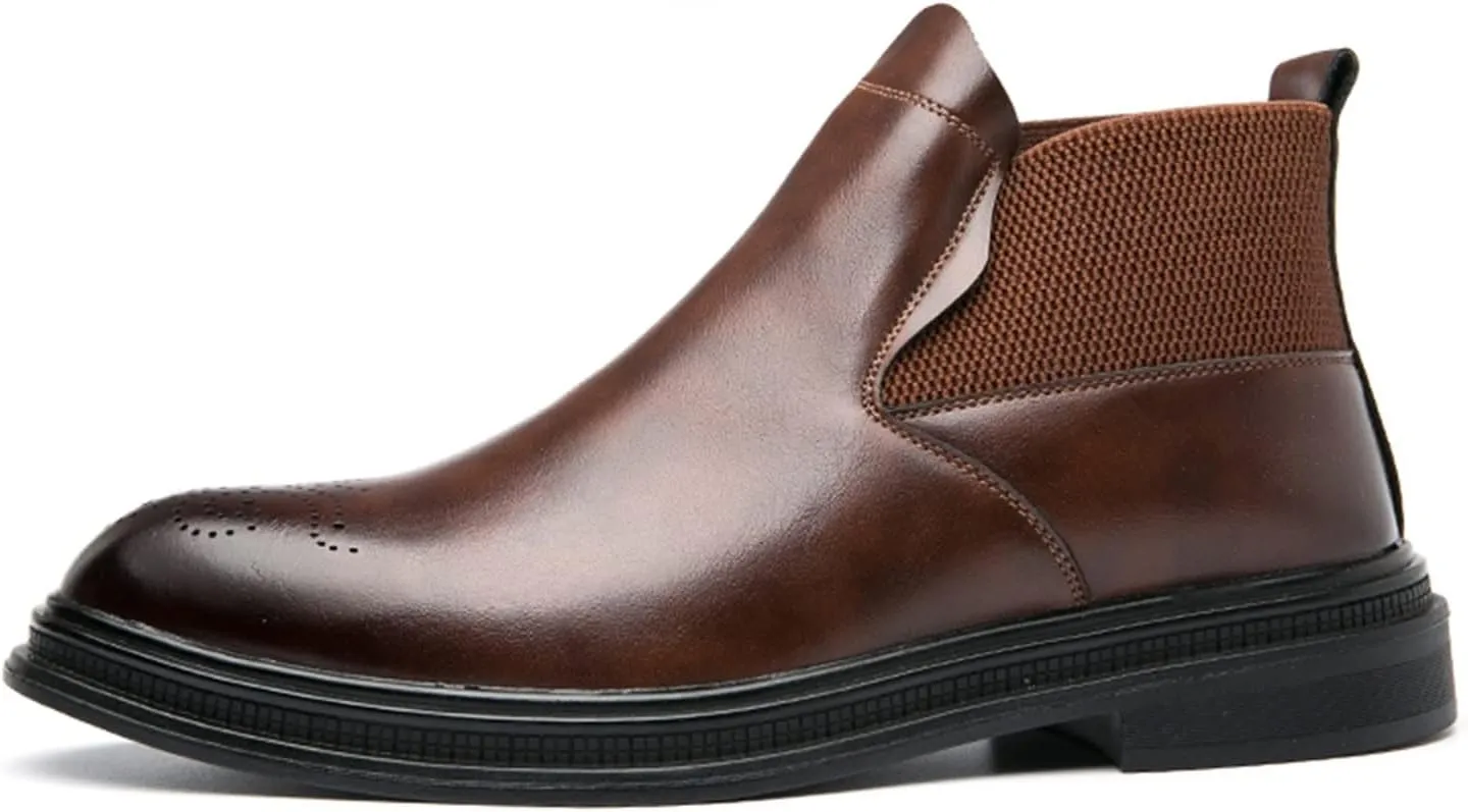 New Men's Chelsea Ankle Boots Carved Brogue Burnished Toe Elastic Bandage Vegan Leather Slip On Non Wearable Waterproof Classic Slip On